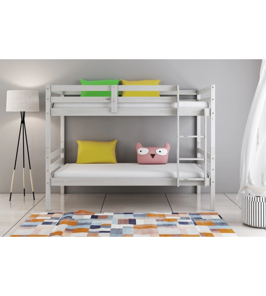 LETTO A CASTELLO "LIONE" IN PINO MASSELLO BIANCO 90X190X150 CM